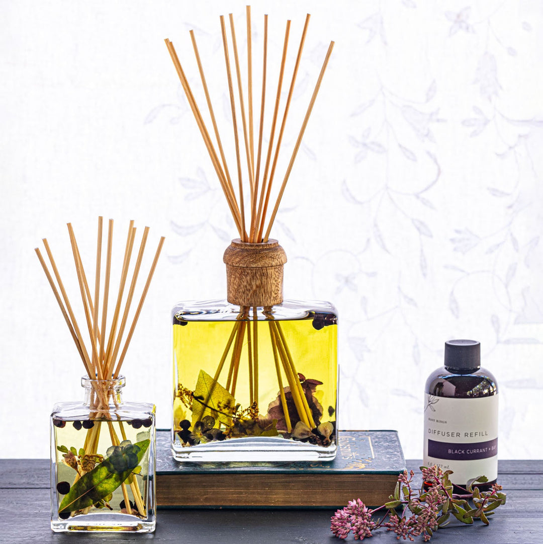 Large and Small Rosy Rings Blackcurrant & Bay Scented Reed Diffuser displayed next to Diffuser Refill Bottle